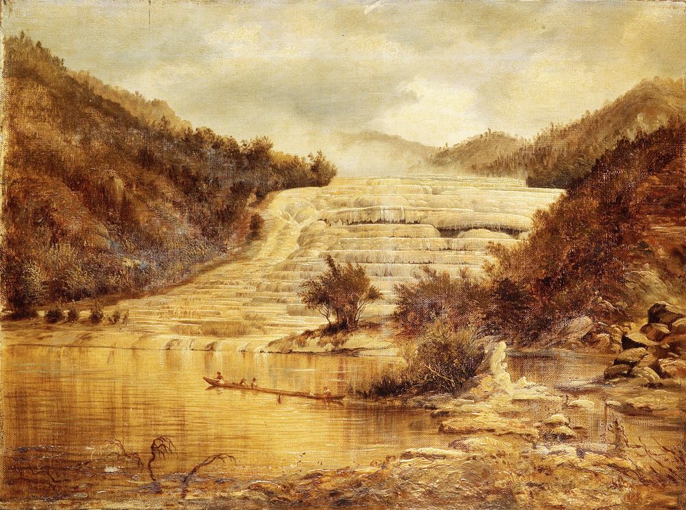 Charles Blomfield's 1885 oil painting of the Pink Terraces, with a canoe carrying visitors across the lake in the foreground