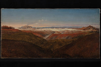 Charles Blomfield's 1885 painting of Mount Tarawera, whole and unbroken, across brown valleys