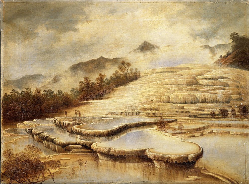 Charles Blomfield's 1885 oil painting of the White Terraces — broad silica basins with two small figures standing on the terrace edge
