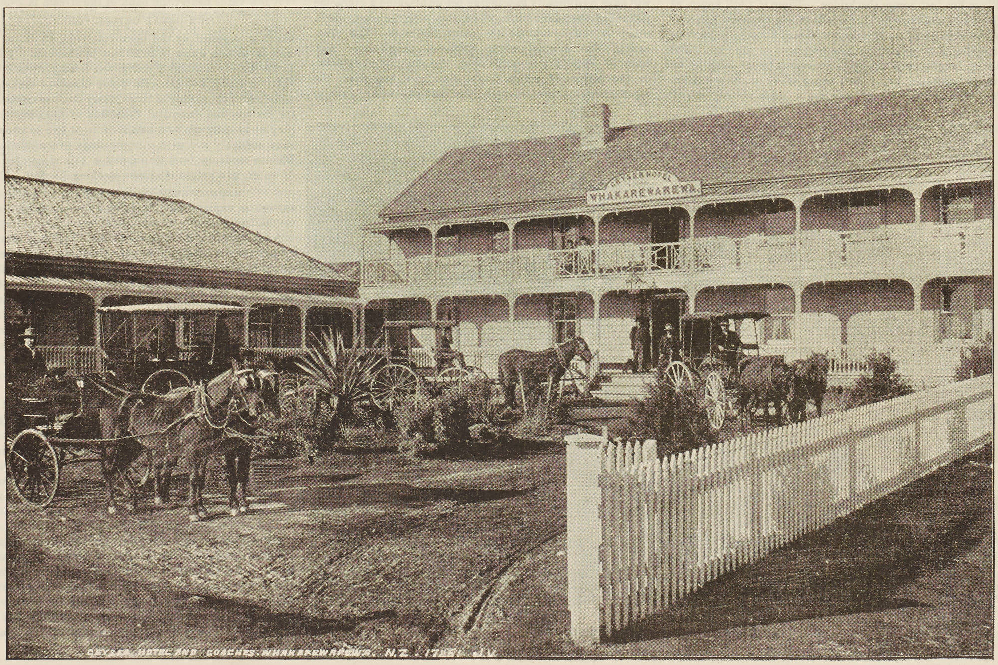 Coaches and horses waiting outside the two-storey verandahed Geyser Hotel at Whakarewarewa, 1893