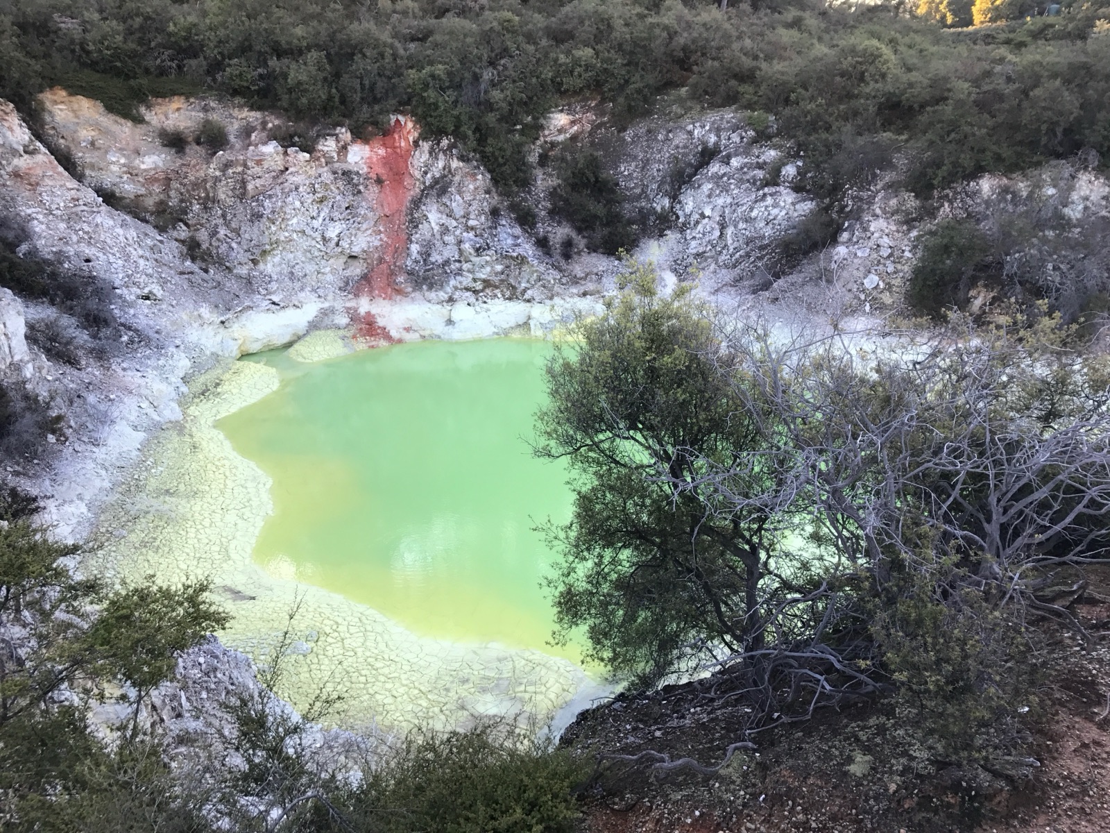 The acid-green water of the Devil's Bath with a red mineral streak